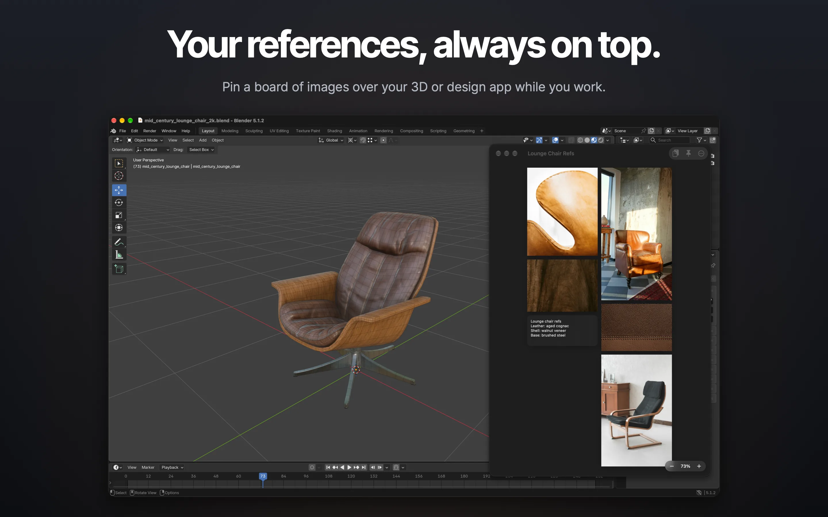 A Copyslate reference board of lounge chair photos floating over a 3D model of a chair in Blender